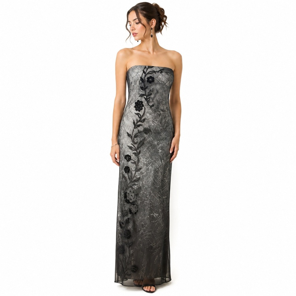 Y2K Fairy Whimsigoth Formal Dress Black Mesh Overlay Floral Romantic Sz 9 10